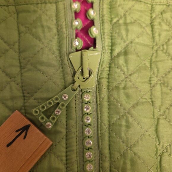 The Quacker Factory Silk Quilted Blazer Jacket Rhinestones Medium Green Pink QVC - Picture 4 of 13
